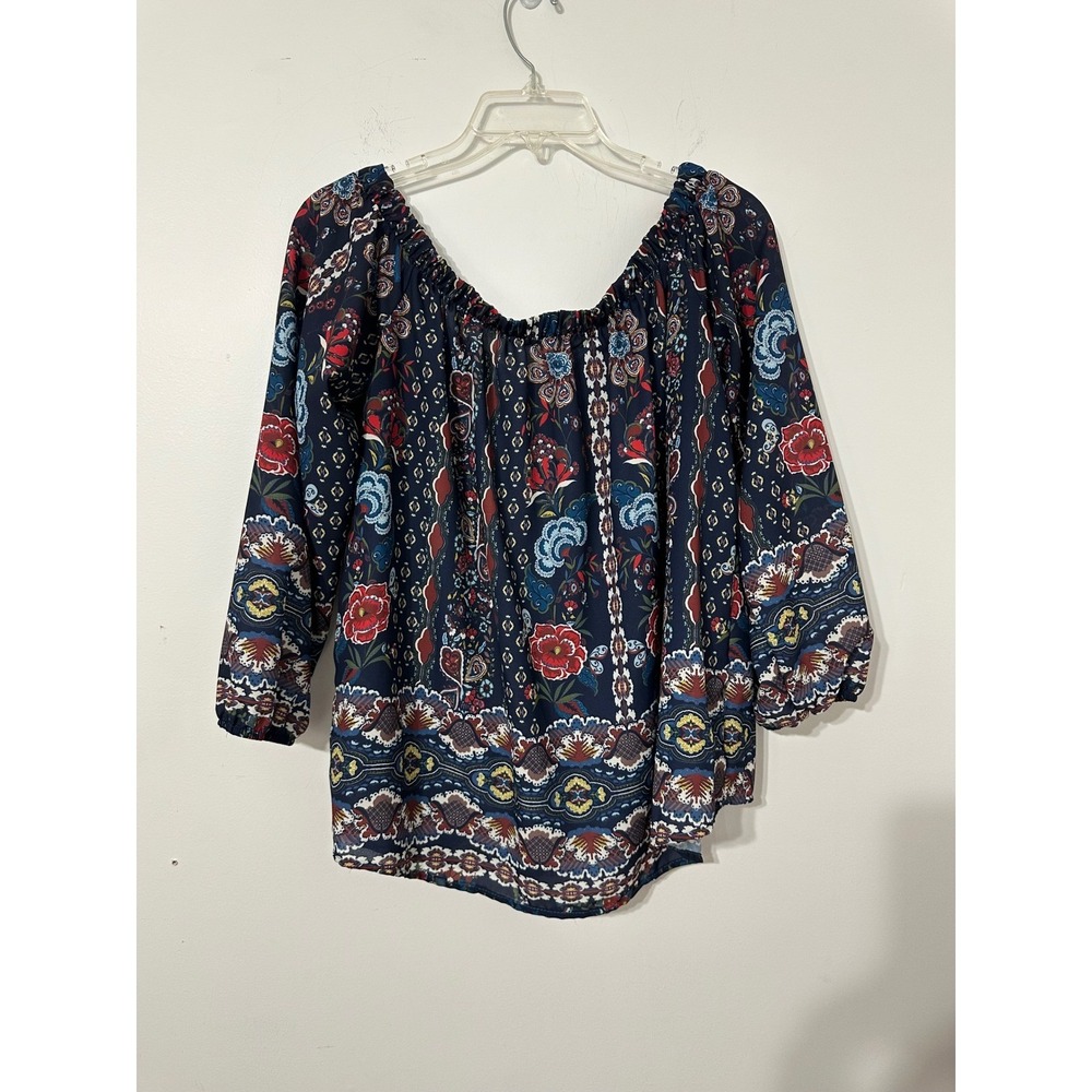 Peach Love California Navy Floral Paisley Boho Off Shoulder Peasant Blouse Small